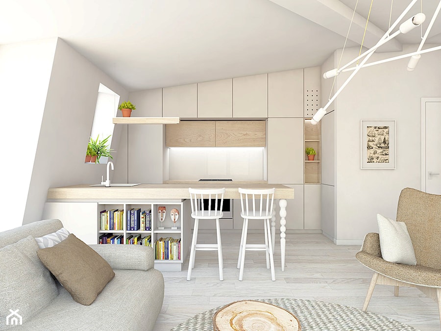 apartament w Sopocie - Średnia otwarta z salonem biała z zabudowaną lodówką kuchnia jednorzędowa dwurzędowa z wyspą lub półwyspem z oknem, styl skandynawski - zdjęcie od em2pracownia