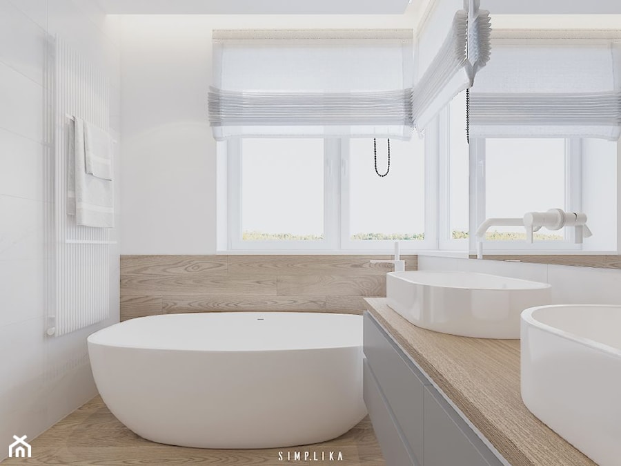 190 METRÓW DOMU NA WAWRZE - Mała na poddaszu z lustrem z dwoma umywalkami łazienka z oknem, styl nowoczesny - zdjęcie od SIMPLIKA