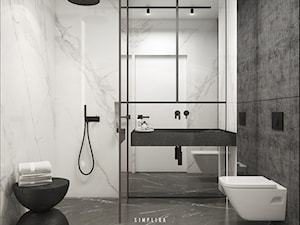 MĘSKA "JASKINIA" - Mała bez okna z lustrem z marmurową podłogą z punktowym oświetleniem łazienka, styl minimalistyczny - zdjęcie od SIMPLIKA