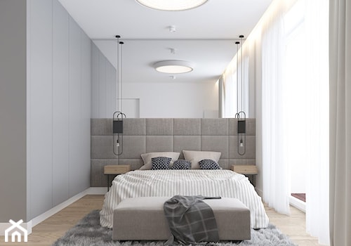 190 METRÓW DOMU NA WAWRZE - Średnia biała szara sypialnia z balkonem / tarasem, styl nowoczesny - zdjęcie od SIMPLIKA