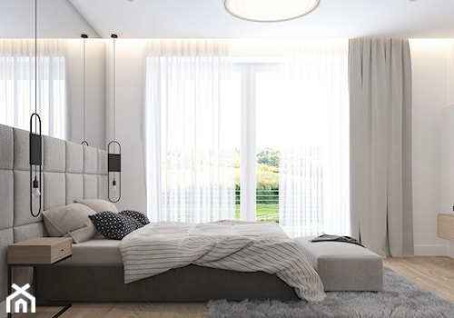 190 METRÓW DOMU NA WAWRZE - Średnia biała sypialnia z balkonem / tarasem, styl nowoczesny - zdjęcie od SIMPLIKA