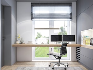 190 METRÓW DOMU NA WAWRZE - Małe z zabudowanym biurkiem białe szare biuro, styl nowoczesny - zdjęcie od SIMPLIKA