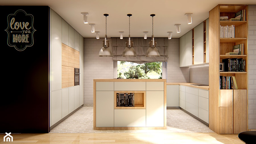 KUCHNIE PROJEKTY - Duża otwarta czarna szara z zabudowaną lodówką kuchnia w kształcie litery u z wyspą lub półwyspem z oknem, styl minimalistyczny - zdjęcie od Alina Mokrzycka Architekt / Wnętrza / Grafika