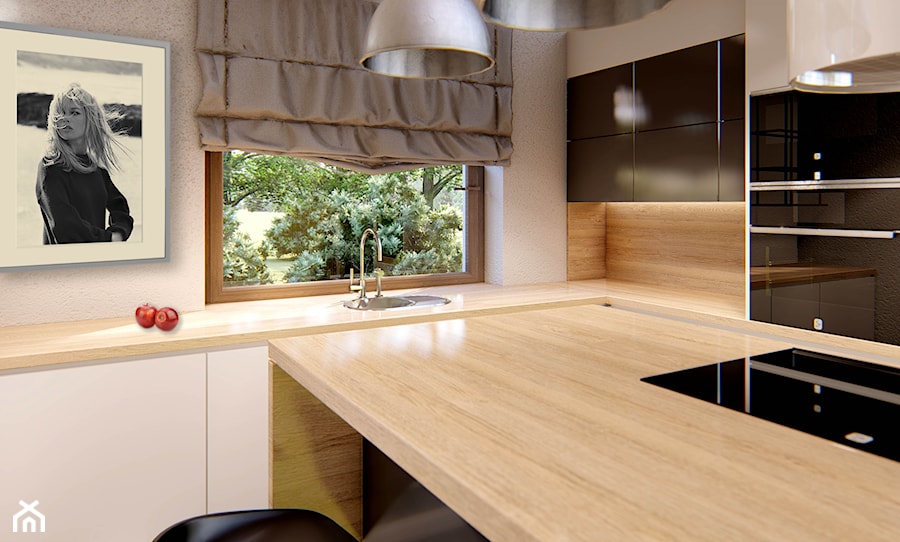 KUCHNIE PROJEKTY - Średnia biała z zabudowaną lodówką z podblatowym zlewozmywakiem kuchnia w kształcie litery l z wyspą lub półwyspem z oknem, styl minimalistyczny - zdjęcie od Alina Mokrzycka Architekt / Wnętrza / Grafika