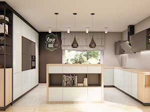 KUCHNIE PROJEKTY - Duża otwarta czarna szara z zabudowaną lodówką kuchnia w kształcie litery u z wyspą lub półwyspem z oknem, styl nowoczesny - zdjęcie od Alina Mokrzycka Architekt / Wnętrza / Grafika