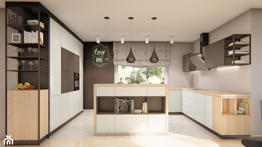 KUCHNIE PROJEKTY - Duża otwarta czarna szara z zabudowaną lodówką kuchnia w kształcie litery u z wyspą lub półwyspem z oknem, styl nowoczesny - zdjęcie od Alina Mokrzycka Architekt / Wnętrza / Grafika