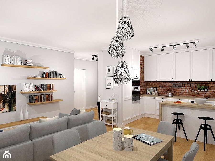 z czerwoną cegiełką - Mały szary salon z kuchnią z jadalnią, styl skandynawski - zdjęcie od moolo studio