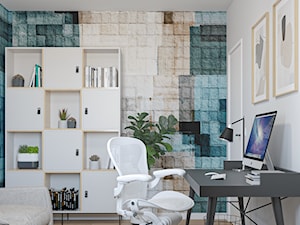 DOM DLA 5-OSOBOWEJ RODZINY ZE ZWIERZĘTAMI - Małe w osobnym pomieszczeniu z sofą beżowe niebieskie turkusowe biuro, styl nowoczesny - zdjęcie od SZALBIERZ.DESIGN