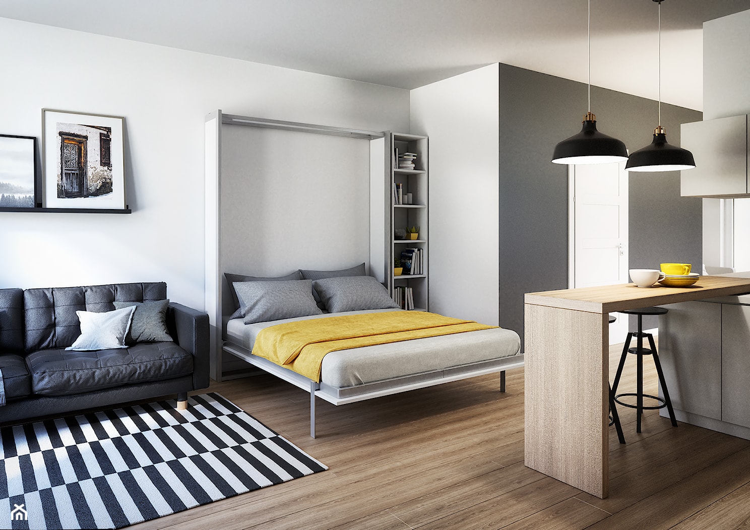 Łóżko chowane w szafie - Mały biały salon z kuchnią z jadalnią, styl nowoczesny - zdjęcie od Holzmex - łóżko w szafie - Homebook