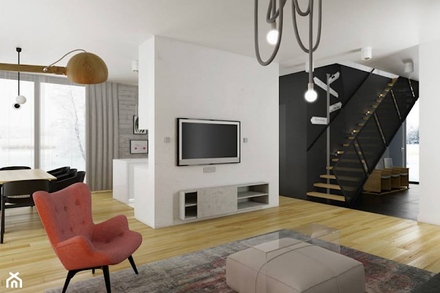 dom jednorodzinny 220 mkw - Biały czarny salon z jadalnią, styl nowoczesny - zdjęcie od INSIDEarch