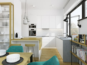 mieszkanie 140 mkw - Warszawa / Powsin - Duża otwarta biała z zabudowaną lodówką kuchnia w kształcie litery l, styl nowoczesny - zdjęcie od INSIDEarch