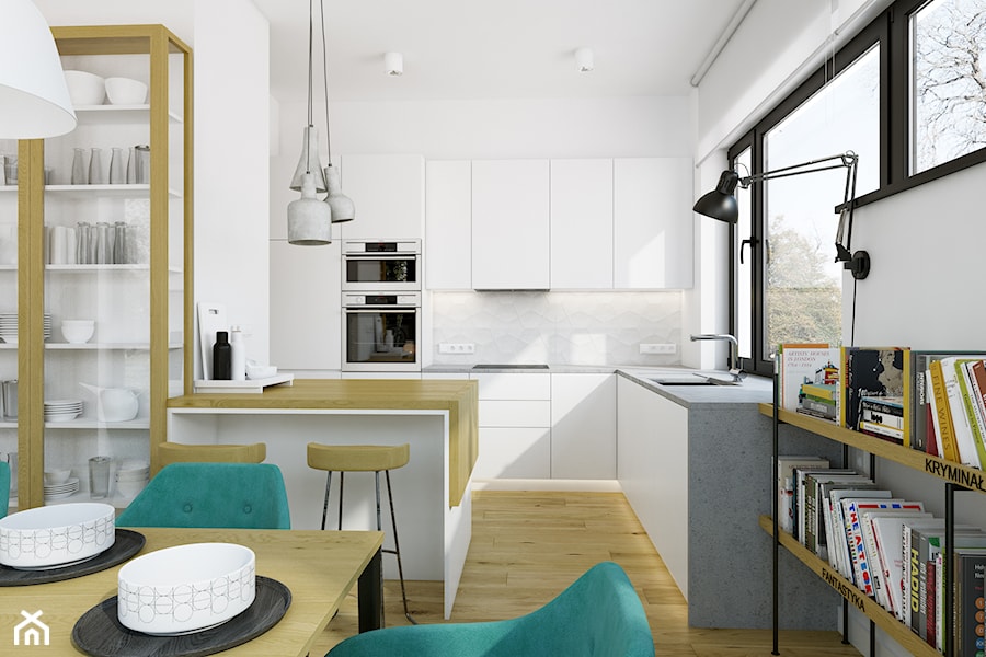 mieszkanie 140 mkw - Warszawa / Powsin - Duża otwarta biała z zabudowaną lodówką kuchnia w kształcie litery l, styl nowoczesny - zdjęcie od INSIDEarch