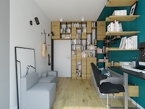 mieszkanie 140 mkw - Warszawa / Powsin - Duże w osobnym pomieszczeniu z sofą z zabudowanym biurkiem niebieskie szare biuro, styl nowoczesny - zdjęcie od INSIDEarch