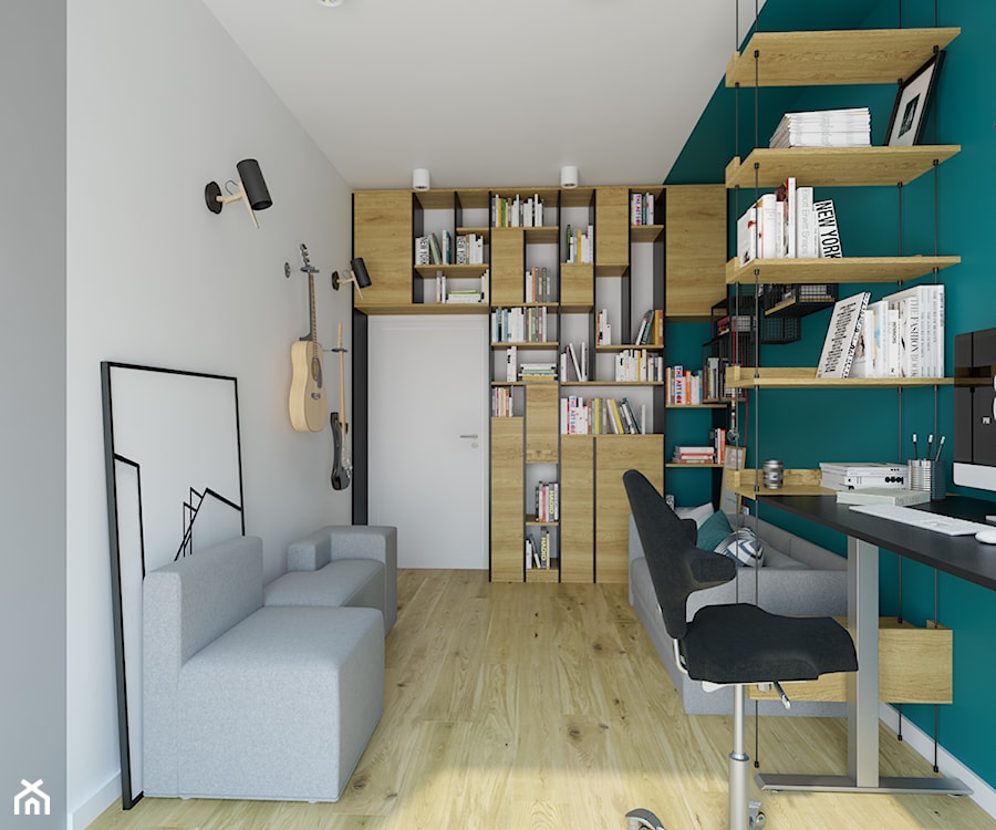 mieszkanie 140 mkw - Warszawa / Powsin - Duże w osobnym pomieszczeniu z sofą z zabudowanym biurkiem niebieskie szare biuro, styl nowoczesny - zdjęcie od INSIDEarch