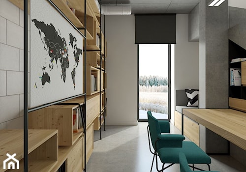 dom pasywny w Nałęczowie - Średnie w osobnym pomieszczeniu z sofą z zabudowanym biurkiem szare biuro, styl industrialny - zdjęcie od INSIDEarch