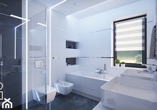 Projekt nowoczesnego wnętrza w domu jednorodzinnym - Średnia z lustrem z dwoma umywalkami z punktowym oświetleniem łazienka z oknem, styl nowoczesny - zdjęcie od studio_projektowe_mandala