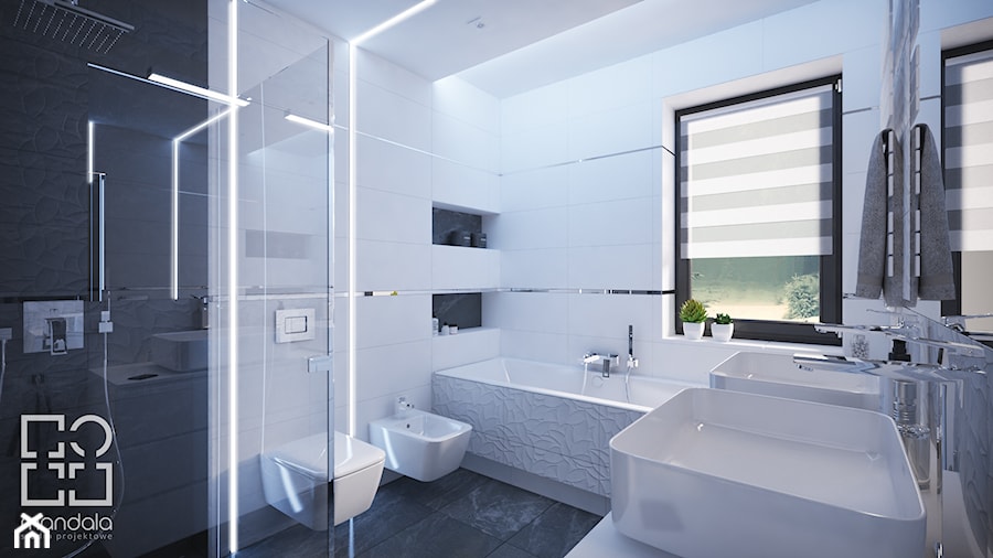 Projekt nowoczesnego wnętrza w domu jednorodzinnym - Średnia z lustrem z dwoma umywalkami z punktowym oświetleniem łazienka z oknem, styl nowoczesny - zdjęcie od studio_projektowe_mandala