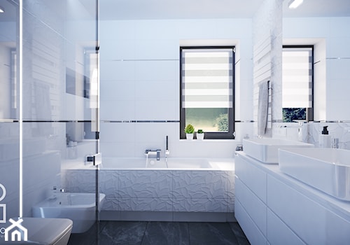Projekt nowoczesnego wnętrza w domu jednorodzinnym - Średnia z lustrem z dwoma umywalkami łazienka z oknem, styl nowoczesny - zdjęcie od studio_projektowe_mandala