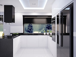 Projekt nowoczesnego wnętrza w domu jednorodzinnym - Średnia otwarta szara z zabudowaną lodówką z podblatowym zlewozmywakiem kuchnia w kształcie litery u z oknem, styl nowoczesny - zdjęcie od studio_projektowe_mandala