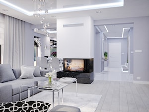 Projekt nowoczesnego wnętrza w domu jednorodzinnym - Duży biały szary salon z kuchnią z jadalnią z tarasem / balkonem, styl nowoczesny - zdjęcie od studio_projektowe_mandala