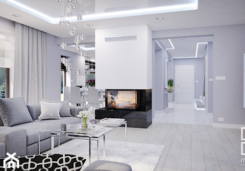 Projekt nowoczesnego wnętrza w domu jednorodzinnym - Duży biały szary salon z kuchnią z jadalnią z tarasem / balkonem, styl nowoczesny - zdjęcie od studio_projektowe_mandala