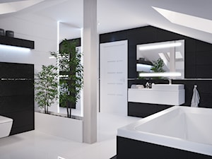 Projekt nowoczesnego wnętrza w domu jednorodzinnym - Duża na poddaszu z lustrem łazienka z oknem, styl nowoczesny - zdjęcie od studio_projektowe_mandala