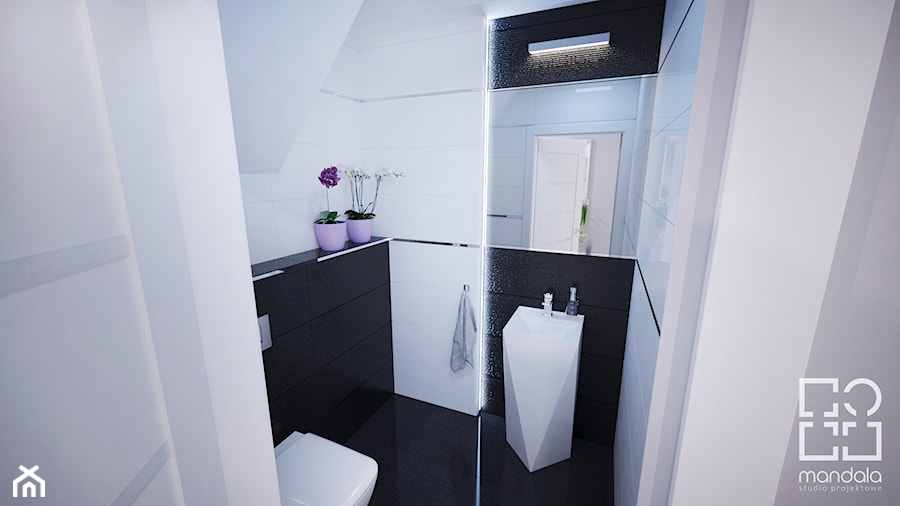 Projekt nowoczesnego wnętrza w domu jednorodzinnym - Mała na poddaszu bez okna z lustrem łazienka, styl nowoczesny - zdjęcie od studio_projektowe_mandala