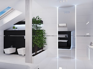Projekt nowoczesnego wnętrza w domu jednorodzinnym - Średnia na poddaszu z lustrem z punktowym oświetleniem łazienka z oknem, styl nowoczesny - zdjęcie od studio_projektowe_mandala