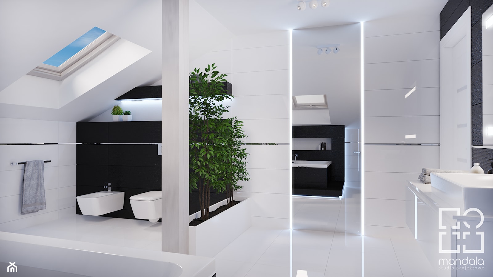 Projekt nowoczesnego wnętrza w domu jednorodzinnym - Średnia na poddaszu z lustrem z punktowym oświetleniem łazienka z oknem, styl nowoczesny - zdjęcie od studio_projektowe_mandala - Homebook
