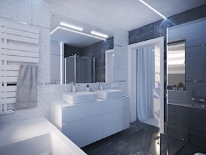 Projekt nowoczesnego wnętrza w domu jednorodzinnym - Średnia z lustrem z dwoma umywalkami z marmurową podłogą z punktowym oświetleniem łazienka z oknem, styl nowoczesny - zdjęcie od studio_projektowe_mandala