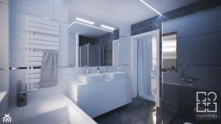 Projekt nowoczesnego wnętrza w domu jednorodzinnym - Średnia z lustrem z dwoma umywalkami z marmurową podłogą z punktowym oświetleniem łazienka z oknem, styl nowoczesny - zdjęcie od studio_projektowe_mandala