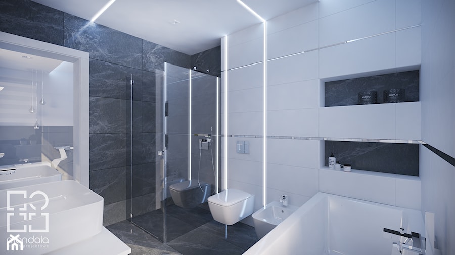 Projekt nowoczesnego wnętrza w domu jednorodzinnym - Średnia bez okna z lustrem z punktowym oświetleniem łazienka, styl nowoczesny - zdjęcie od studio_projektowe_mandala