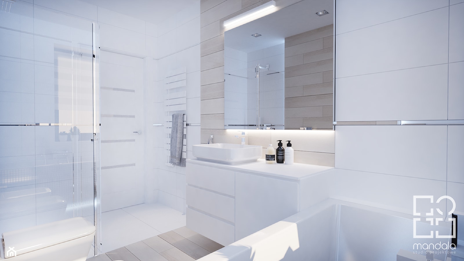 Projekt nowoczesnego wnętrza w domu jednorodzinnym - Średnia bez okna z lustrem z punktowym oświetleniem łazienka, styl nowoczesny - zdjęcie od studio_projektowe_mandala - Homebook