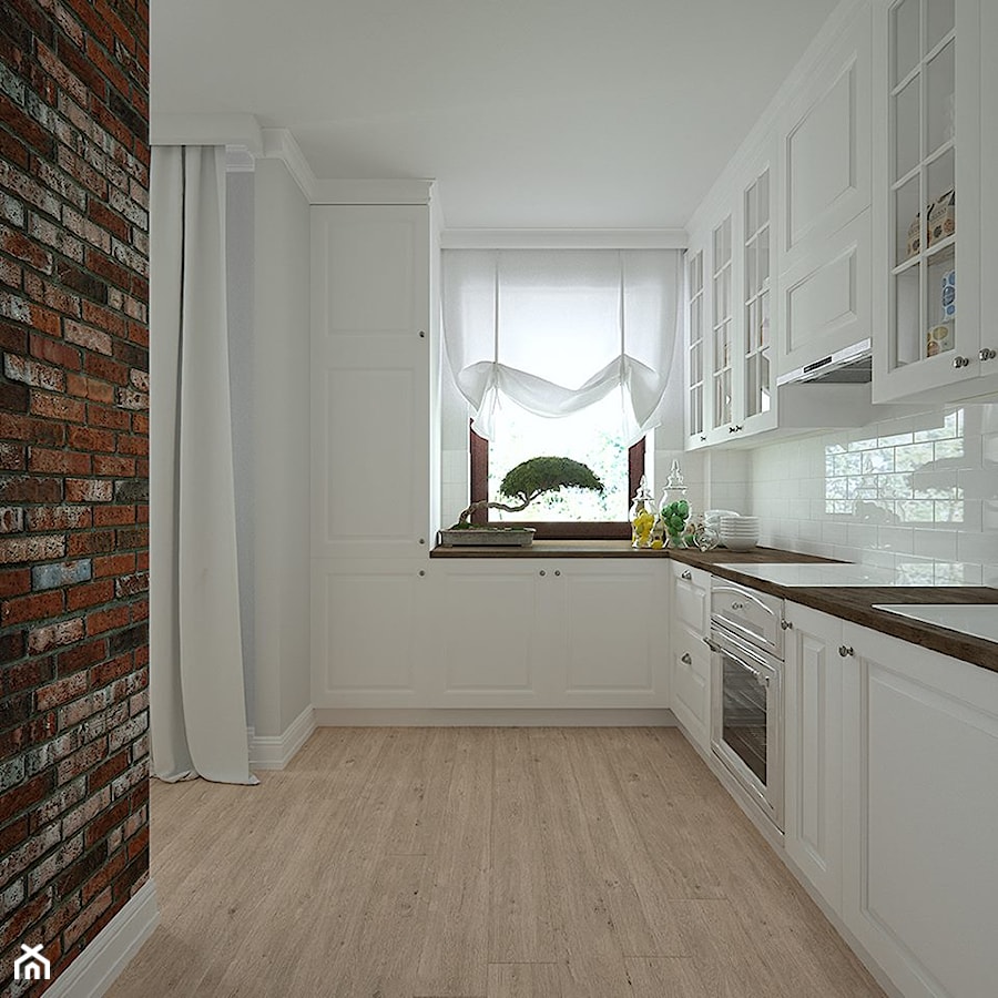 Modern vintage - Średnia otwarta biała z zabudowaną lodówką kuchnia w kształcie litery l z oknem, styl nowoczesny - zdjęcie od Home Atelier Aneta Rosińska-Dadsi