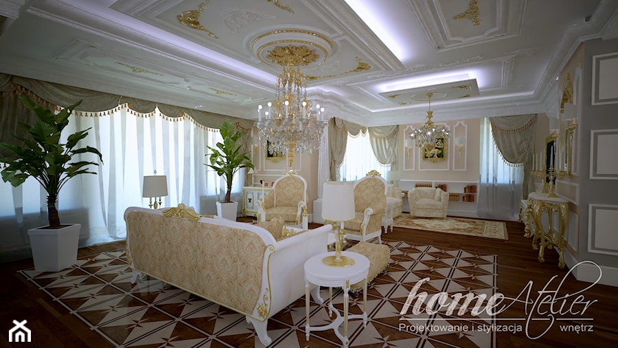 Kremlowski przepych - willa w Walendowie - Duży biały szary salon z jadalnią, styl glamour - zdjęcie od Home Atelier Aneta Rosińska-Dadsi