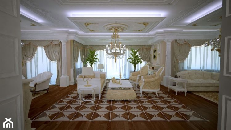 Duży biały szary salon z jadalnią, styl glamour - zdjęcie od Home Atelier Aneta Rosińska-Dadsi