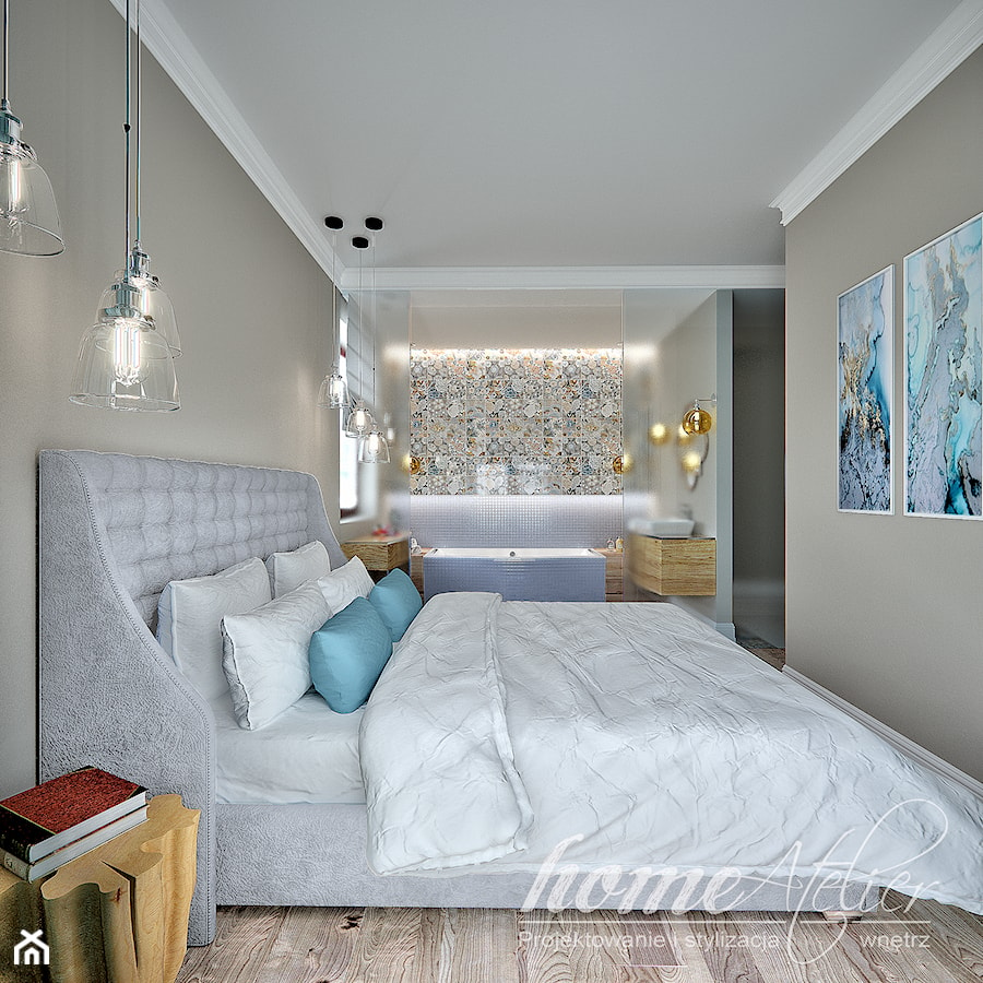 Lazurowy Vintage - Średnia biała szara sypialnia z łazienką, styl vintage - zdjęcie od Home Atelier Aneta Rosińska-Dadsi