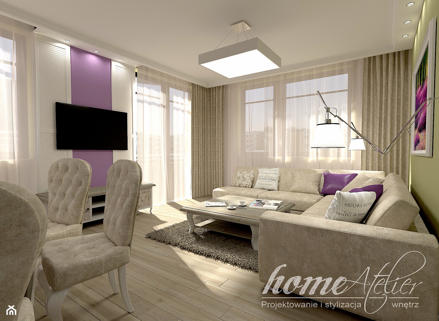 Lawendowa Prowansja - Średni fioletowy zielony salon z jadalnią, styl prowansalski - zdjęcie od Home Atelier Aneta Rosińska-Dadsi - Homebook