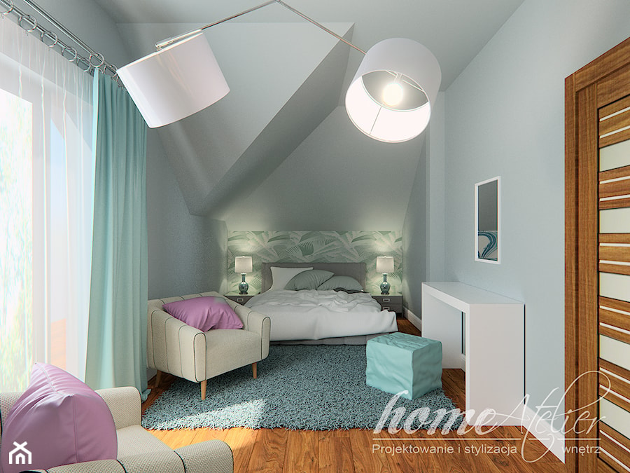 Grynszpanowy modern - Mała sypialnia na poddaszu z balkonem / tarasem, styl nowoczesny - zdjęcie od Home Atelier Aneta Rosińska-Dadsi