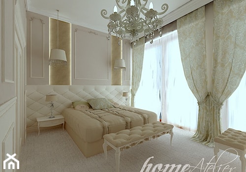 W duchu art Deco - Średnia beżowa biała z panelami tapicerowanymi sypialnia, styl glamour - zdjęcie od Home Atelier Aneta Rosińska-Dadsi