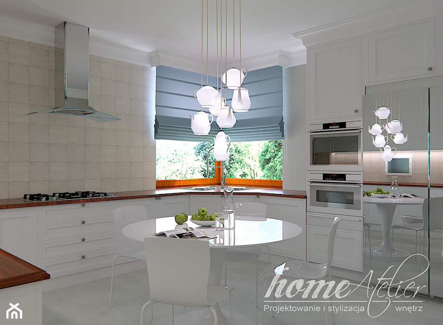 Stylowy Hampton - Średnia zamknięta biała z zabudowaną lodówką z nablatowym zlewozmywakiem kuchnia w kształcie litery u z oknem, styl nowoczesny - zdjęcie od Home Atelier Aneta Rosińska-Dadsi