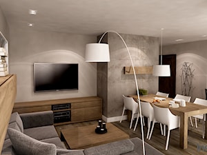 Apartament w wielu odcieniach szarości - Średni beżowy szary salon z kuchnią z jadalnią, styl nowoczesny - zdjęcie od Insidelab