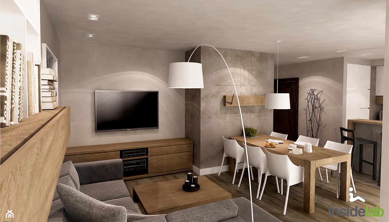 Apartament w wielu odcieniach szarości - Średni beżowy szary salon z kuchnią z jadalnią, styl nowoczesny - zdjęcie od Insidelab - Homebook