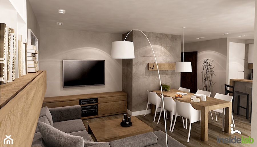 Apartament w wielu odcieniach szarości - Średni beżowy szary salon z kuchnią z jadalnią, styl nowoczesny - zdjęcie od Insidelab