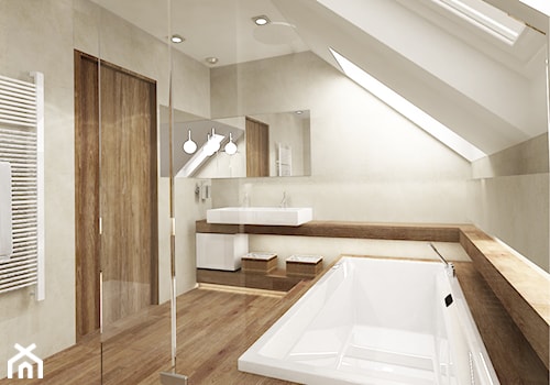 DOM Z KOMINKIEM - Duża na poddaszu jako pokój kąpielowy z dwoma umywalkami z punktowym oświetleniem łazienka z oknem, styl nowoczesny - zdjęcie od Insidelab