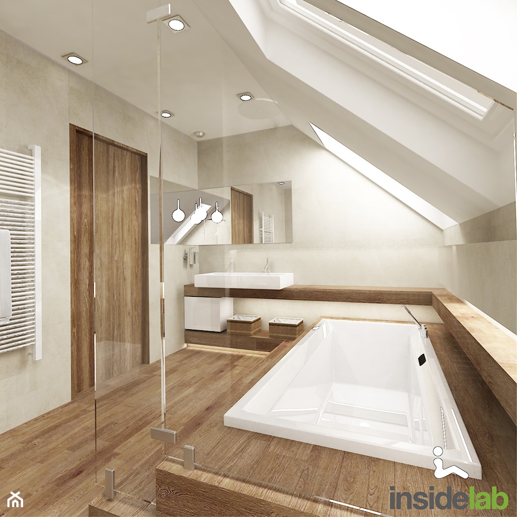 DOM Z KOMINKIEM - Duża na poddaszu jako pokój kąpielowy z dwoma umywalkami z punktowym oświetleniem łazienka z oknem, styl nowoczesny - zdjęcie od Insidelab - Homebook