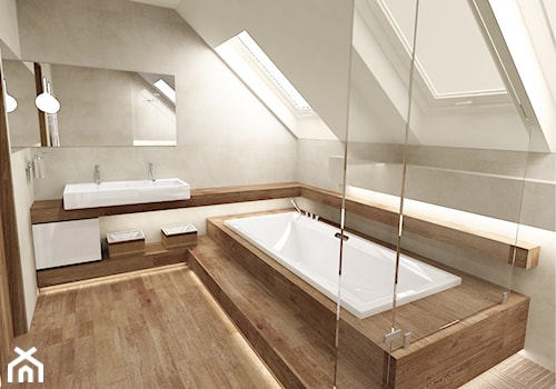 DOM Z KOMINKIEM - Duża na poddaszu z dwoma umywalkami łazienka, styl nowoczesny - zdjęcie od Insidelab