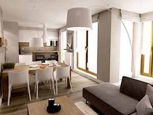 Apartament w wielu odcieniach szarości - Średni beżowy salon z kuchnią z jadalnią z tarasem / balkonem, styl nowoczesny - zdjęcie od Insidelab