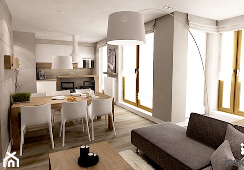 Apartament w wielu odcieniach szarości - Średni beżowy salon z kuchnią z jadalnią z tarasem / balkon ... - zdjęcie od Insidelab