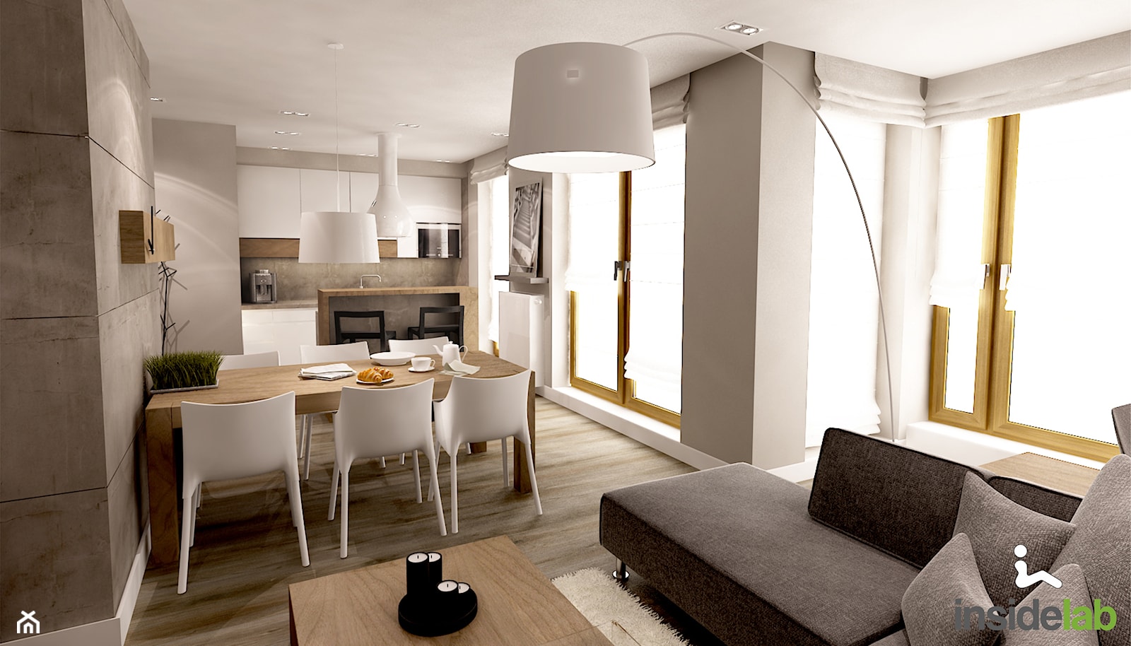 Apartament w wielu odcieniach szarości - Średni beżowy salon z kuchnią z jadalnią z tarasem / balkonem, styl nowoczesny - zdjęcie od Insidelab - Homebook